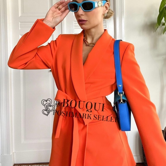 BLOGGERS FAV ZARA ORANGE BELTED TUXEDO COLLAR BLAZER - Picture 4 of 14